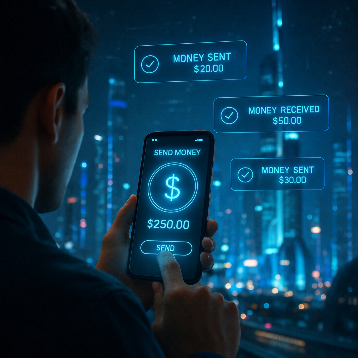 Person sending money instantly from a smartphone at night, with glowing digital transfer confirmations